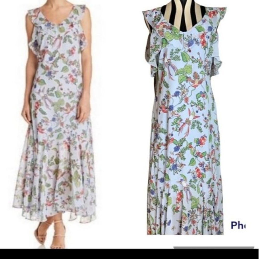 Nanette Lepore Hummingbird Floral Ruffle V-Neck Maxi Dress Svless Boho Summer